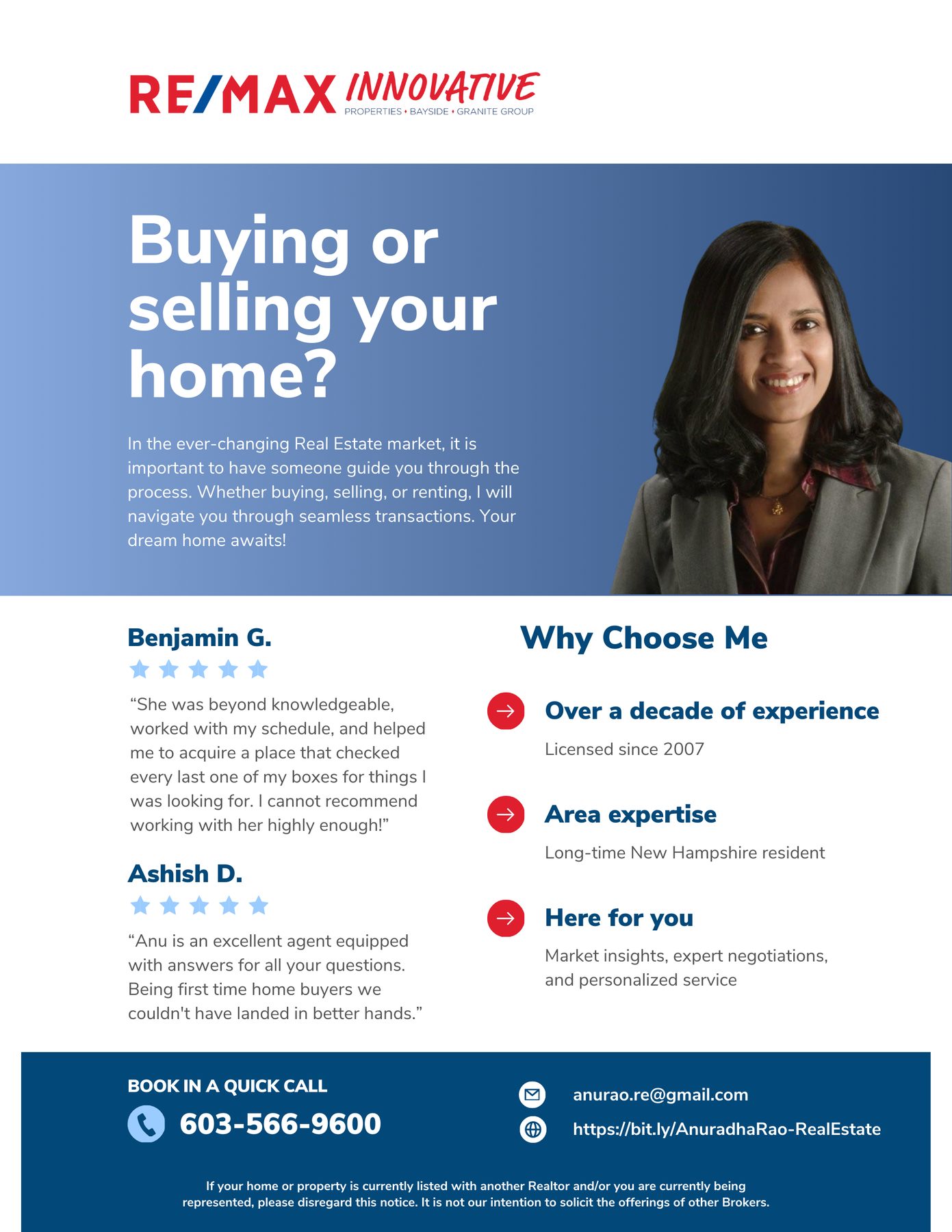 Real estate agent flyer for Anuradha Rao